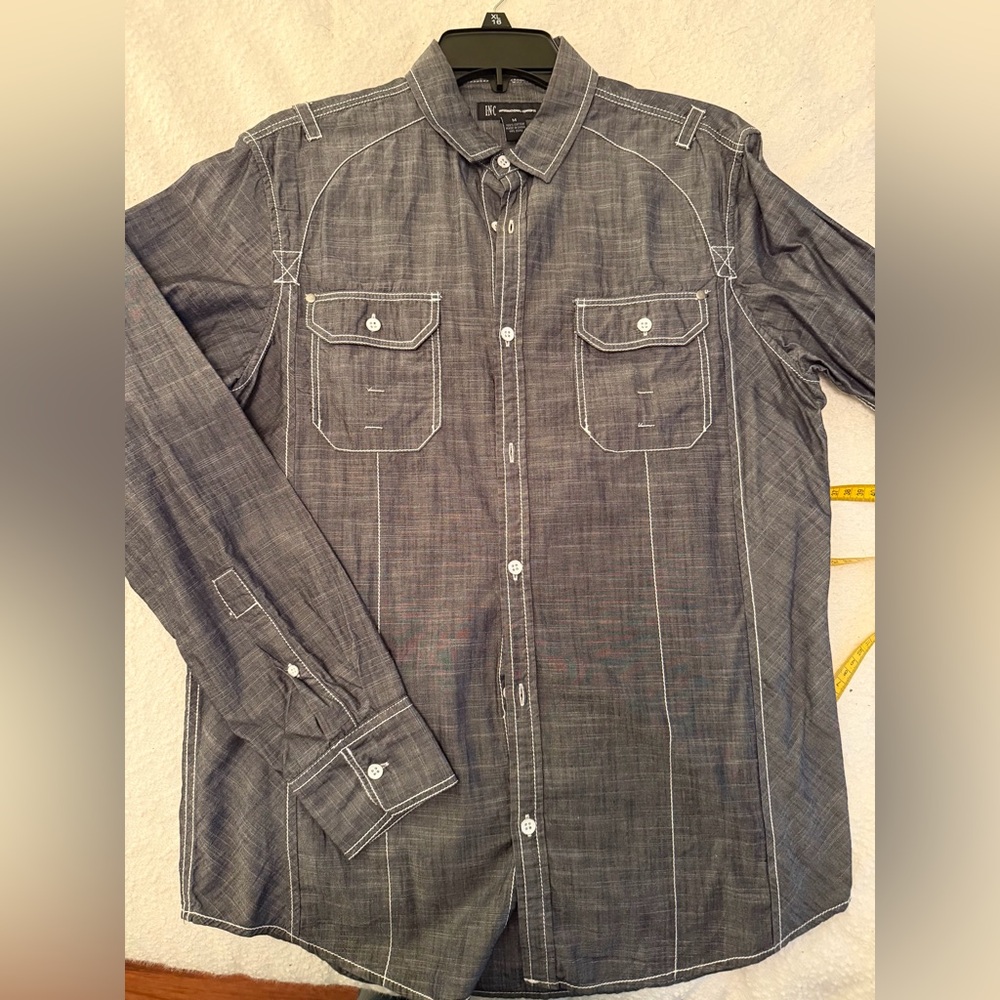 INC International Concepts Charcoal Gray Chanbray Shirt with White Accents